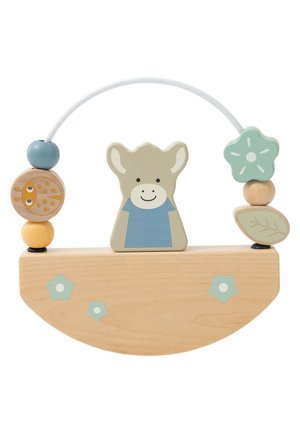 Holzspielzeug mit einer lächelnden Tierfigur, bunten Perlen, gebogenem weißen Draht und blumenförmigen Akzenten auf einer hellen Holzbasis.