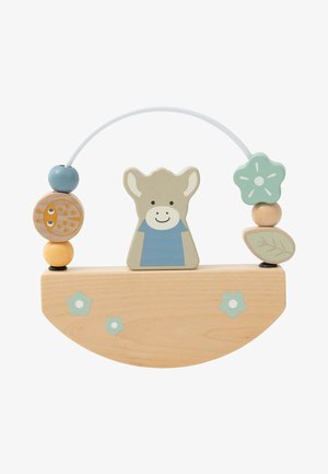 Holzspielzeug mit einer lächelnden Tierfigur, bunten Perlen, gebogenem weißen Draht und blumenförmigen Akzenten auf einer hellen Holzbasis.