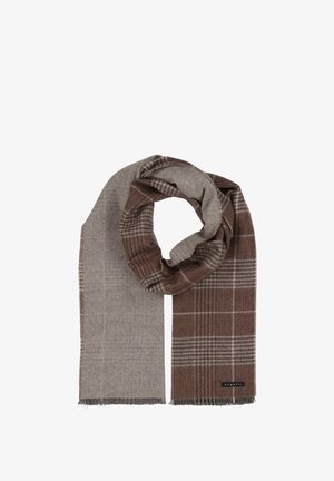 Pruun ja hall ruuduline sall, mis on valmistatud pehmest kangast, fr препятиз with a frayed edge and a loop design for easy wear. Must brändi silt kaasas.