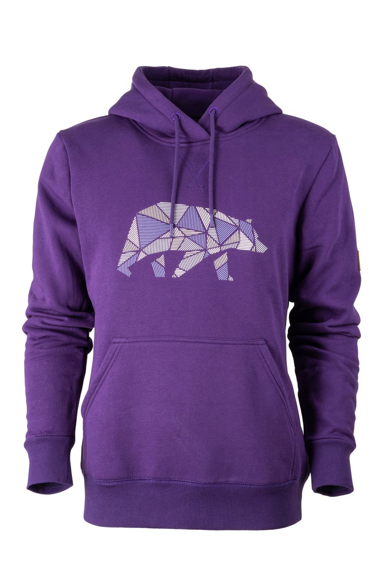 Felpa viola in cotone, con un design geometrico di un orso bianco sul davanti, dotata di tasca a marsupio e cappuccio regolabile.