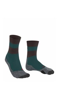 Calze a righe teal e marroni con una suola e un tallone grigio imbottiti, caratterizzate da un polsino rib ridotto marrone e un sottile accento di branding rosso.