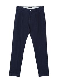 Navyblaue Jeanshose mit geradem Schnitt, ausgestattet mit Fronttaschen, einem Knopfverschluss und abgenutzter Textur. Keine sichtbaren Muster oder Verzierungen.