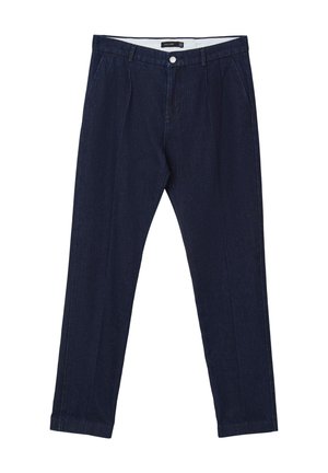 Pantaloni in denim blu navy con taglio dritto, caratterizzati da tasche frontali, chiusura con bottone e texture sbiadita. Nessun motivo o decorazione visibile.
