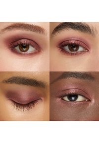 Fyra närbilder på bruna ögon med skimrande mauve ögonskugga på olika hudtoner, som visar öppna och slutna ögonlock.