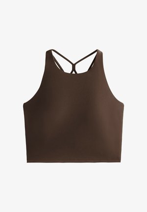 Brązowy crop top z wysokim dekoltem i plecami w sznurowany wzór. Wykonany z gładkiego, elastycznego materiału z dopasowaną sylwetką.