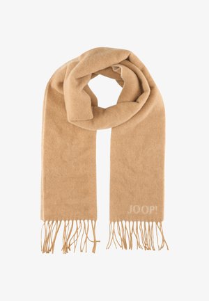 Écharpe en laine beige avec des franges, arborant un logo subtil "JOOP!" en couleur claire à une extrémité. Texture douce et forme rectangulaire.