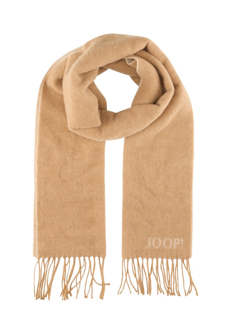Beige Wollschal mit Fransen, an einem Ende mit einem subtilen Logo "JOOP!" in heller Farbe. Weiche Textur und rechteckige Form.