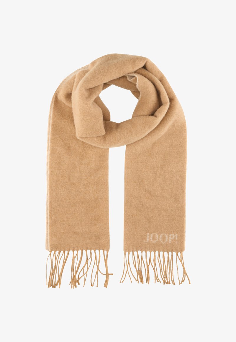Beige wollen sjaal met franjes, voorzien van een subtiele "JOOP!" logo in lichte kleur aan een uiteinde. Zachte textuur en rechthoekige vorm.