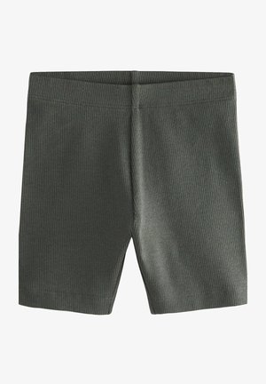 Sötétzöld bordázott sort, sima derékpánttal, amely fitted (feszülő) dizájnnal és diszkrét textúrával rendelkezik. Nincsenek látható zsebek vagy díszítések.