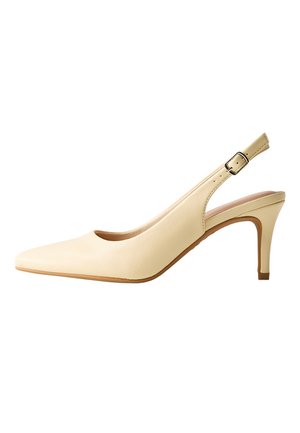 Beiger Leder-Slingback-Pumps mit spitzer Zehenpartie, mittelhohem Stiletto-Absatz und verstellbarem Schnallenriemen.