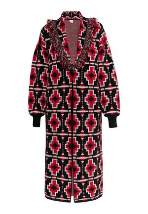 Lange cardigan van gebreide stof met een gedurfde geometrische print in zwart, rood en wit, voorzien van een franjeskraag en geribde boorden.