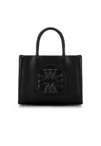 Borsa tote nera in pelle con finitura testurizzata, dotata di un logo in rilievo circolare e manici doppi superiori. Design minimalista, forma simmetrica.