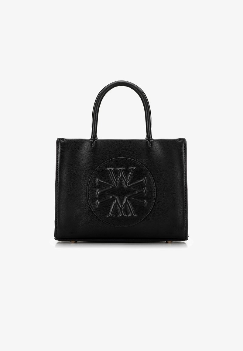 Black leather tote bag with a textured finish, featuring a circular embossed logo and double top handles. Minimalist design, symmetrical shape.