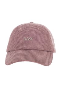 Geribbelde roze corduroy honkbalpet met een gebogen rand en een metalen "ROXY" logo op de voorkant. Verstelbare strap aan de achterkant.