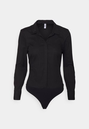 Zwart langarm bodysuit met kraag, knoopsluiting aan de voorkant en aangesloten taille op een effen witte achtergrond.