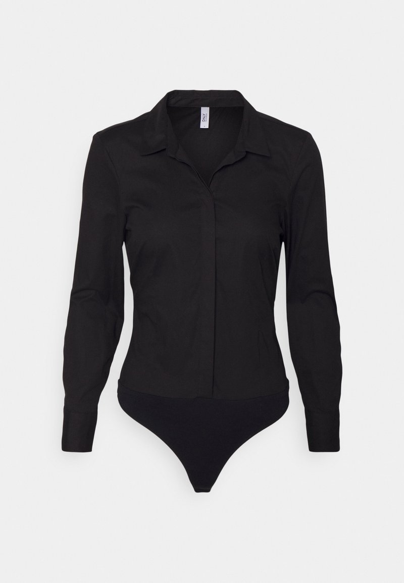 Body noir à manches longues avec col, patte de boutonnage à l'avant et taille ajustée sur fond blanc uni.