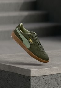 Roheline suede-toss, millel on hele roheline aktsentriba, pruun kummim ISO ja nööbisaaga disain. Külgedel on kullast logo.