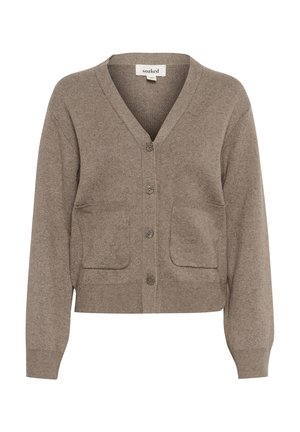 Brauner Cardigan aus weichem Stoff mit V-Ausschnitt, Knopfverschluss, zwei frontalen Taschen sowie gerippten Bündchen und Saum.
