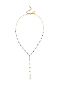 Collar de cadena de oro con cuentas azules y grises, adornado con un colgante de perla al final. Detallado con un cierre ajustable.