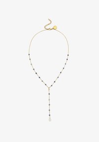 Collar de cadena de oro con cuentas azules y grises, adornado con un colgante de perla al final. Detallado con un cierre ajustable.
