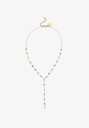 Gold chain necklace featuring blue and gray beads with a dangling pearl accent at the end. Detailed with an adjustable clasp.