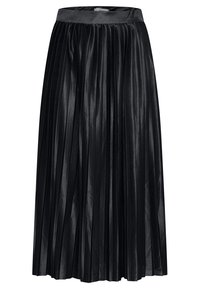 Jupe midi plissée noire brillante avec une ceinture ajustée, une texture lisse et des plis verticaux régulièrement espacés.