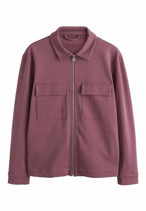 Mauve zip-up jacket with pointed collar, long sleeves, and two front flap pockets.