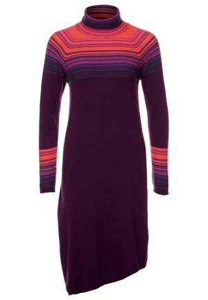Long-sleeve purple knit dress with high neck, featuring horizontal red and pink stripes across shoulders and cuffs, asymmetrical hem.