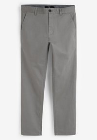 Gray cotton chino pants with a straight cut, featuring two front pockets, a button closure, and a subtle texture. Waistband is lined.