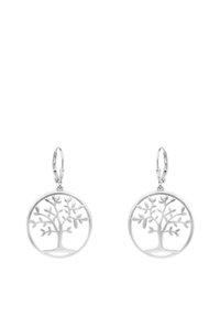 Orecchini a forma di albero della vita in argento, con montature circolari e intricati disegni di foglie, dotati di chiusure a leva per una vestibilità sicura.