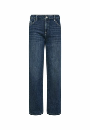 Jean ample bleu foncé en denim, doté de cinq poches, d'une fermeture à bouton à l'avant et de légères marques d'usure sur les cuisses.