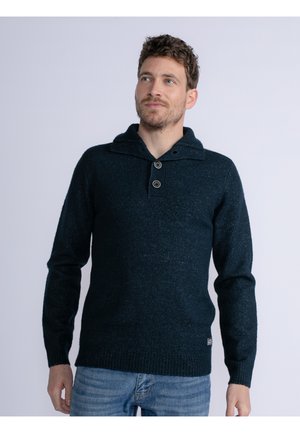 Maglione pullover in misto lana di un blu scuro, con colletto alto e chiusura a bottoni, caratterizzato da polsini e orlo a coste per una vestibilità aderente.