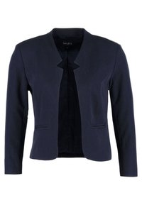 Blazer bleu marine pour femmes avec manches longues, devant ouvert, col droit et deux poches horizontales fendues à la taille.