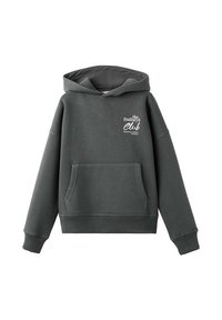 Mörkgrå hoodie med en framficka, snördragskepp, och texten "the Bullseye Club" tryckt i vitt på vänster sida. Mjuk textur.