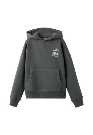 Haut à capuche gris foncé avec une poche frontale, capuche à cordon de serrage, et le texte "le Bullseye Club" imprimé en blanc sur le côté gauche. Texture douce.