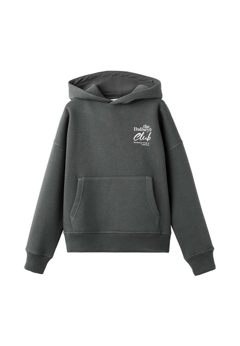 Mörkgrå hoodie med en framficka, snördragskepp, och texten "the Bullseye Club" tryckt i vitt på vänster sida. Mjuk textur.