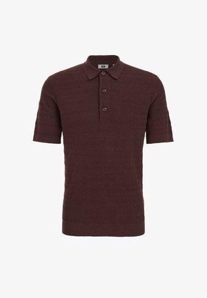 Polo in maglia a maniche corte di colore marrone scuro con motivo a zigzag e trama, abbottonatura a tre bottoni, orlo e polsini a coste.