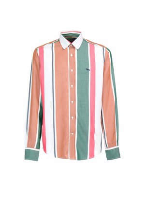 Chemise à manches longues pour homme avec des rayures verticales marron, vertes, roses et blanches, confectionnée dans un tissu léger avec un col classique.