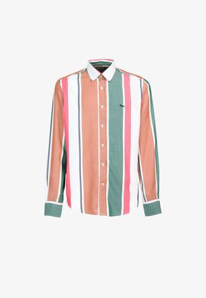 Camicia da uomo a maniche lunghe con righe verticali in marrone, verde, rosa e bianco, realizzata in tessuto leggero con colletto classico.