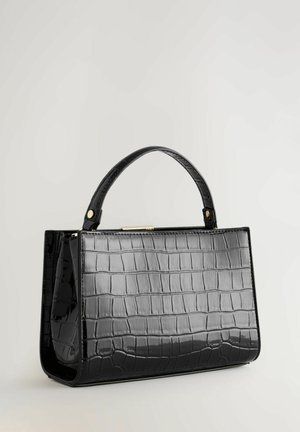 Black handbag with a glossy crocodile texture, structured rectangular shape, short handle, and gold-tone hardware accents.