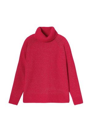 Pull en fuchsia avec col roulé, doté d'un bord-côte au col et à l'ourlet, présentant une texture douce et un design décontracté.