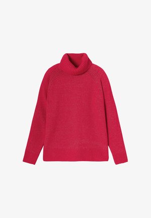 Pull en fuchsia avec col roulé, doté d'un bord-côte au col et à l'ourlet, présentant une texture douce et un design décontracté.