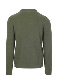 Grüner gestrickter Pullover mit einem strukturierten Muster, gerippten Säumen und einem runden Ausschnitt. Entworfen mit langen Ärmeln und einer taillierten Passform.