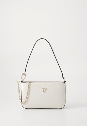 White textured handbag with a black trim, featuring a gold chain strap, a detachable shoulder strap, and a triangular logo accent.