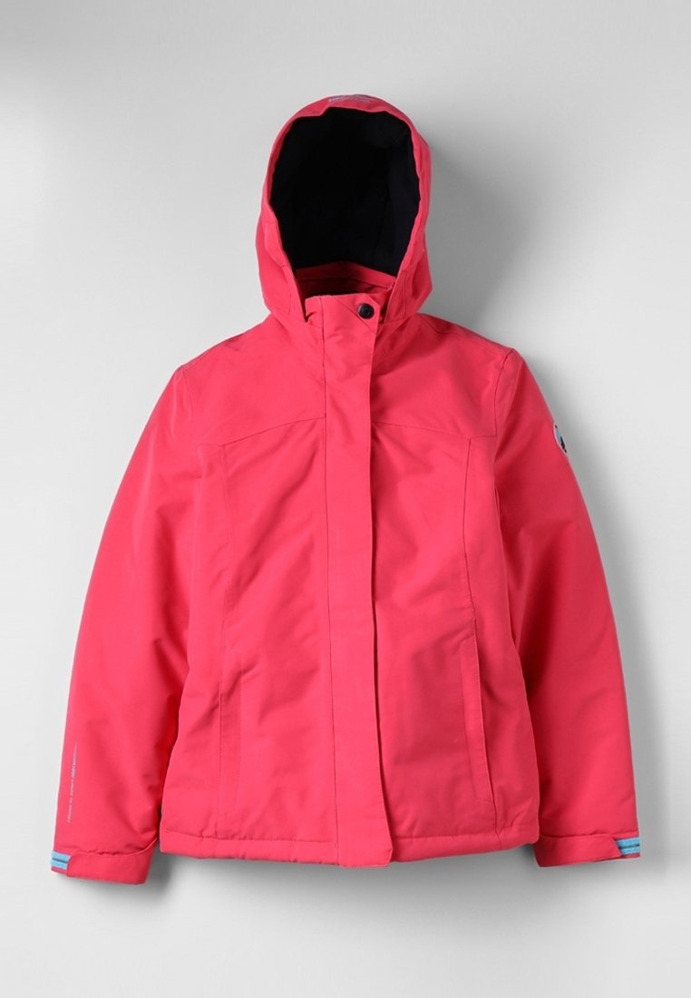 Veste d'hiver rose vif à capuche avec fermeture éclair frontale et boutons-pression, deux poches latérales, et doublure intérieure noire dans la capuche.