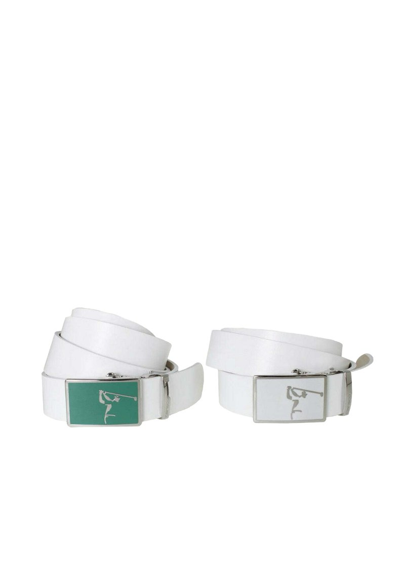 White leather belts with metal buckles. One features a green rectangle and a silhouette design; the other has a plain white rectangle with a different silhouette.