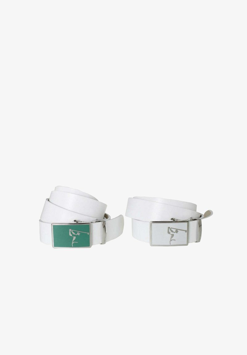 White leather belts with metal buckles. One features a green rectangle and a silhouette design; the other has a plain white rectangle with a different silhouette.