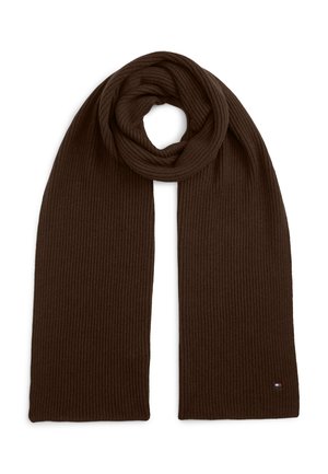 Dark brown ribbed knit scarf folded with a loop at the top on a white background with a small rectangular logo near the bottom edge.