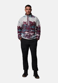 Fleece-Pullover in Türkis, Burgunder und Weiß, mit einem Viertel-Reißverschluss-Kragen, kontrastierenden Knöpfen und einer Brusttasche. Schwarze Cargo-Hosen und Schuhe.