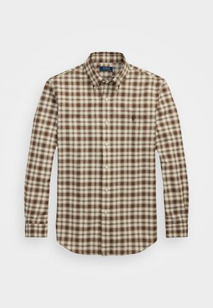 Langærmet skjorte med knap i brun og creme ternet mønster, lavet af bomuld, med krave og et lille logo på brystet.